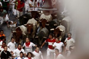 epa05416389 Bulls of the ranch Jose Escolar Gil run through the Mercaderes street during the third bull run at the Festival of San Fermin 2016 in Pamplona, Spain, 09 July 2016. The festival, locally known as Sanfermines, is held annually from 06 to 14 July in commemoration of the city's patron saint. Hundreds of thousands of visitors from all over the world attend the fiesta. Many of them physically participate in the highlight event - the running of the bulls, or encierro - where they attempt to outrun the bulls along a route through the narrow streets of the old city.  EPA/JAVIER LIZON